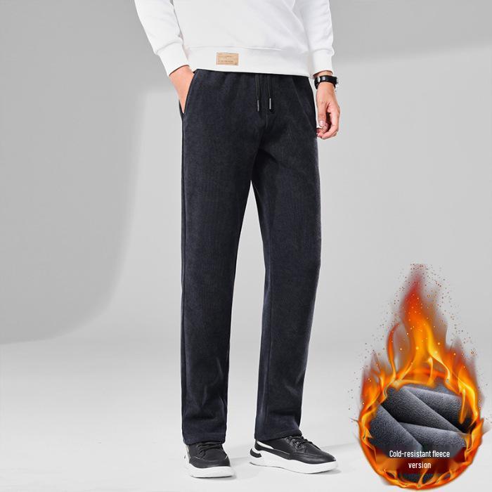 Men's Fleece-Lined Corduroy Pants - Slim Fit, Straight Leg, Business Casual for Autumn and Winter