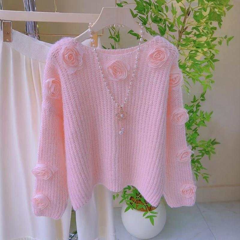 Осенний розовый вязаный свитер с цветочным узором для женщин, ленивый французский стиль, 3D камелия, свободная зимняя одежда XXL розовый