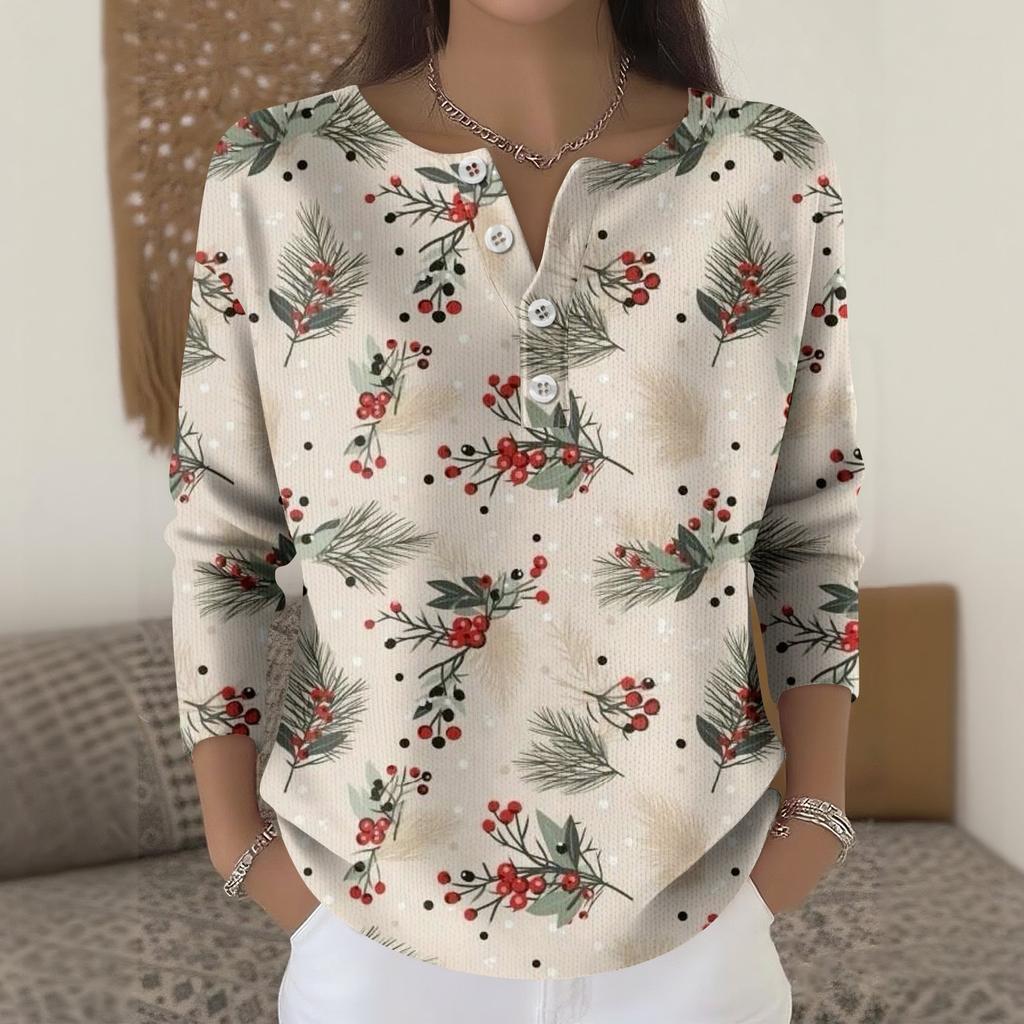 Women's Fashion Long Sleeve Christmas Snowflake Print Top Elegant Casual Top