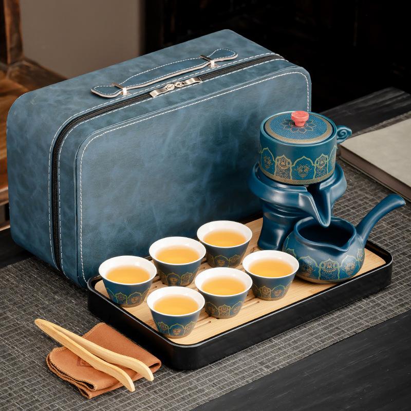 Portable anti-scalding portable teapot high-end gift box blue ancient rhyme lazy automatic tea set office business