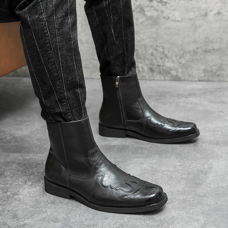 High Quality Casual Leather Boots Men Western Cowboy Leather Shoes Male Fashion Men's High Top British Outdoor Boots Shoes Male
