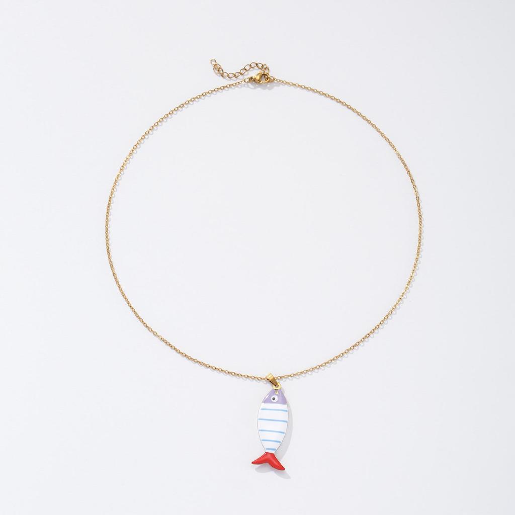 Colorful Drip Glaze Fish Pendant Necklace - 304 Stainless Steel Women's Gold Clavicle Chain