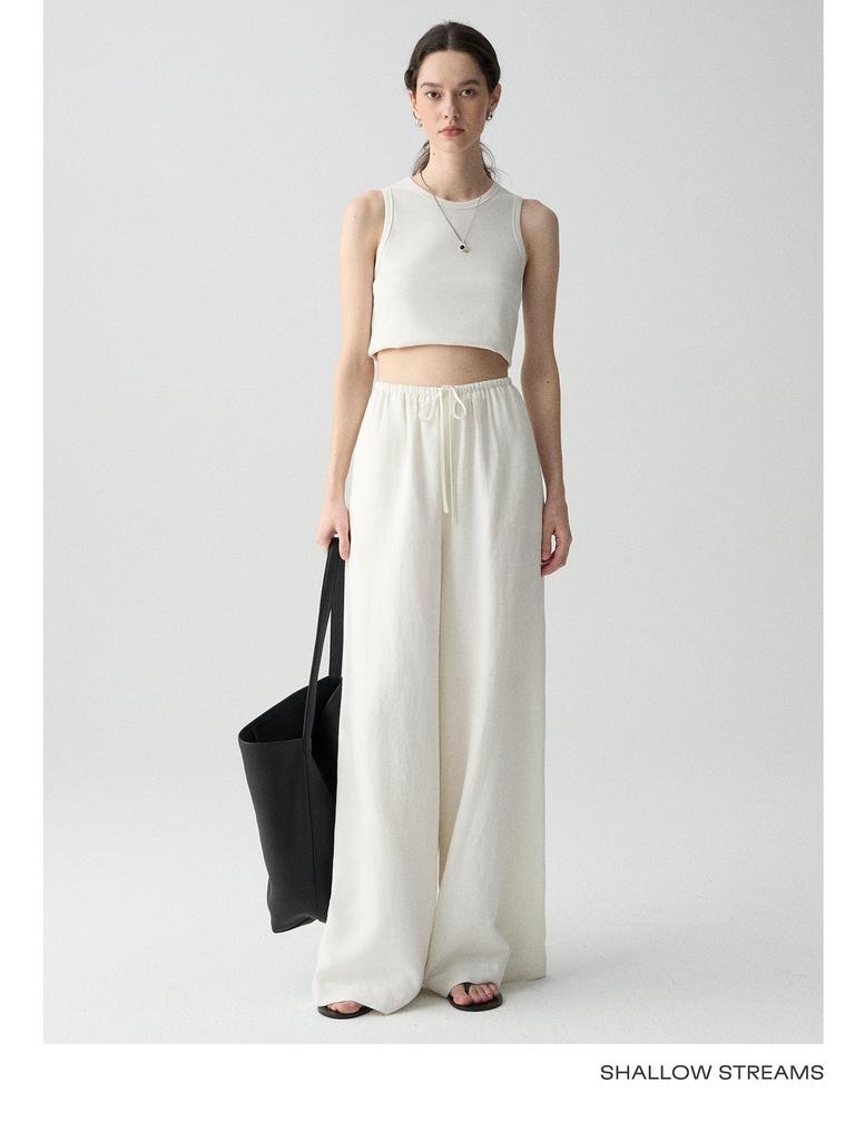 Sea of Dimples High-Waisted Linen Trousers: Breathable White Wide-Leg, Floor-Length, Early Autumn Casual Pants.