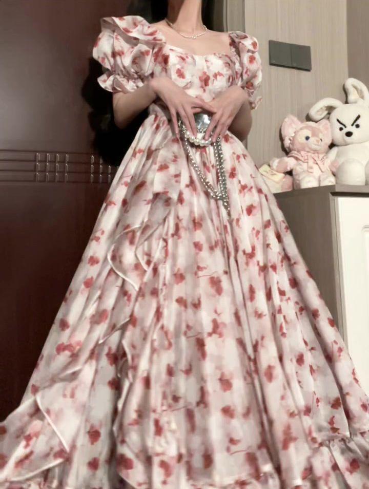 Atemberaubendes französisches Campanula Rosa Blumen Chiffon Sommerkleid - Super Feenhaft Langer Stil