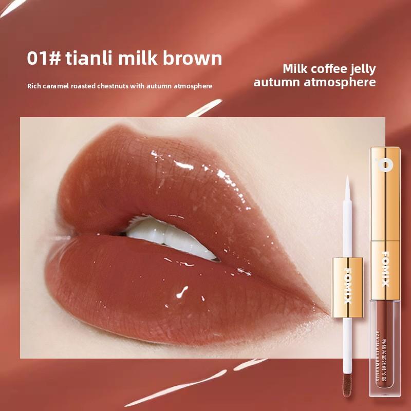 FOMIX Dual-Ended Mirror Shine Lip Gloss, Glass Wet Look, Plumping, Transfer-Resistant, Hydrating, Glossy Lip Tint 2.4g colored lip glaze+2.5ml transparent lip glaze