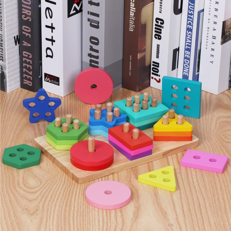 Children'S Wooden Baby Early Education Montessori Geometry Five Sets Of Columns Shape Pairing Intellectual Development Educational Toys