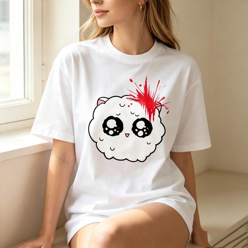 Kawaii Cartoon Face Print T Shirt Breathable Cotton Short Sleeve Unisex Trendy Streetwear Casual Top for Anime Style Fans