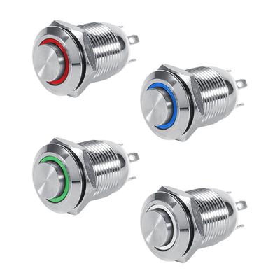 12mm LED Vattentät Metall Momentan Tryckknappsbrytare Hög Plan 4-pins 1Öppnande Kontrollbrytare för Industriell Utrustning