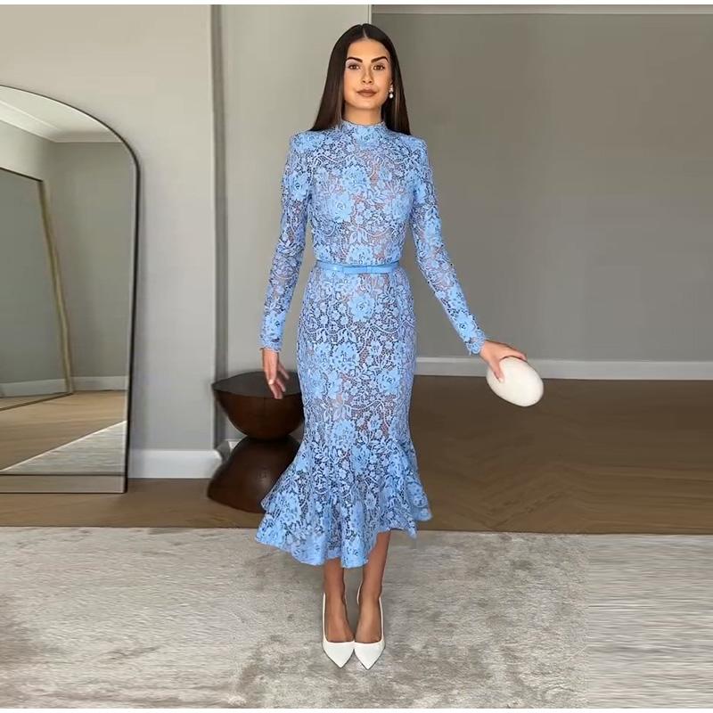 

Женское платье с длинным рукавом и юбкой «рыбий хвост», с кружевной вставкой, сплошного цвета, с кружевной отделкой, элегантное, женское платье с длинным рукавом, весна-осень, новый стиль XL синий