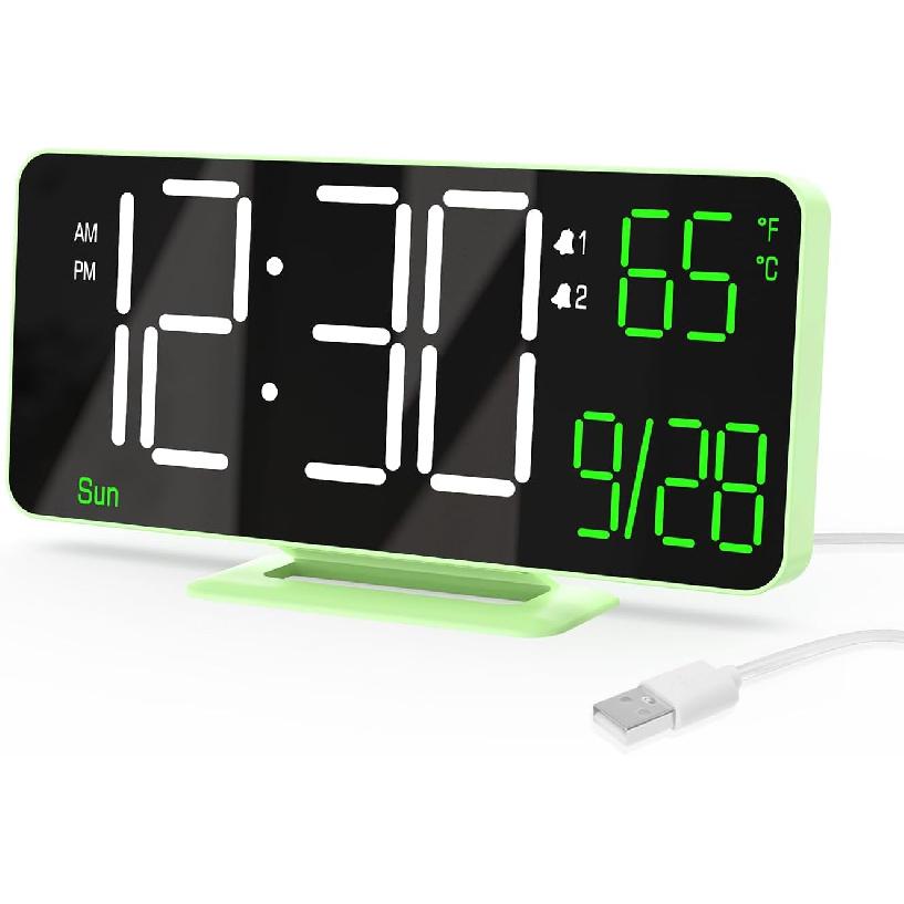 KOSUMOSU Digital Clock for Bedroom 6.7in Small Digital Alarm Clock Black, Dimming,12/24h,Date,Day of Week, Indoor Temperature,Desk Clocks for