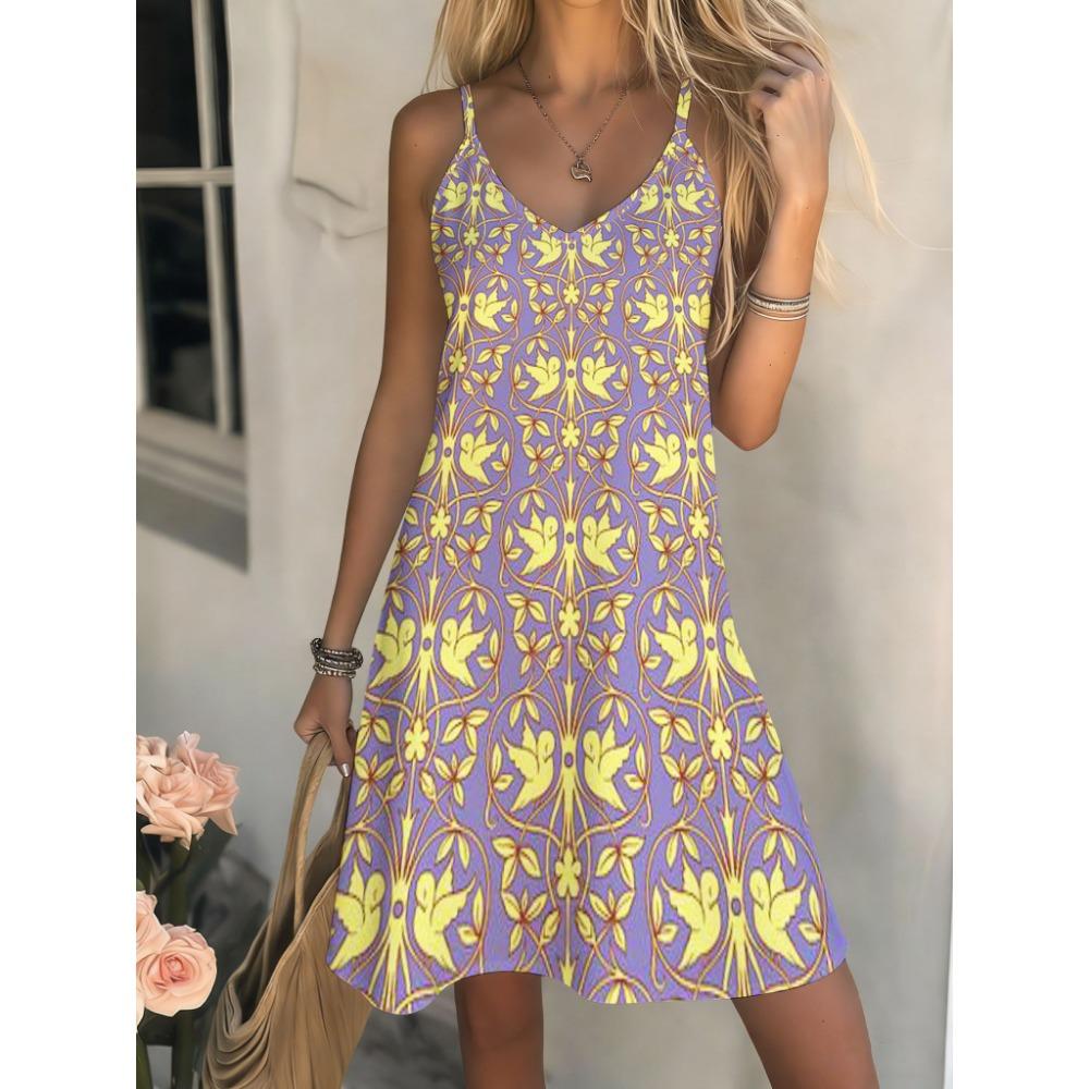 Women's Casual Bohemian Style, Summer Deep V-Neck Spaghetti Strap Midi Dress