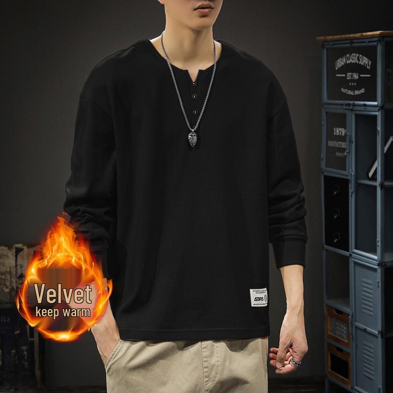 2025 Herren Weiß Baumwolle Henley-Kragen Hoodie Langarm T-Shirt, Amerikanischer Stil