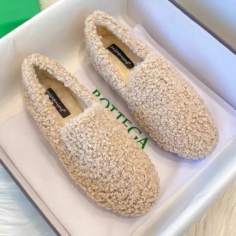 Fashion New Women's Fur Flat Shoes Autumn Keep Warm Plush Shallow Slip On Casual Shoes for Women Loafers Outdoor Women's Walking Shoes
