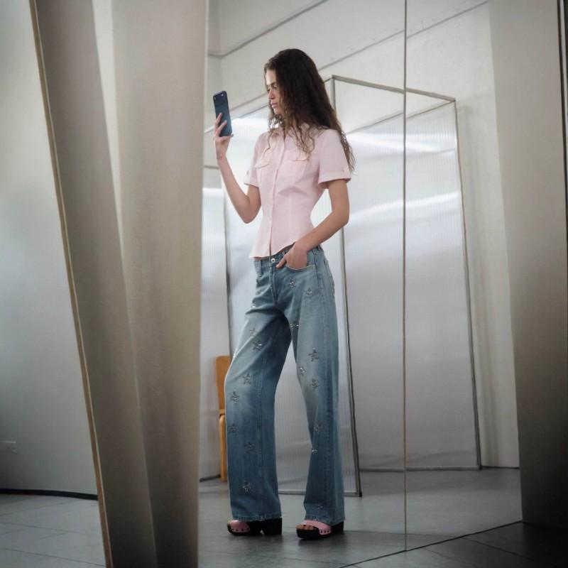 2026 Wide Leg Denim Pants Low Waist Rhinestone Fashion Jeans Women