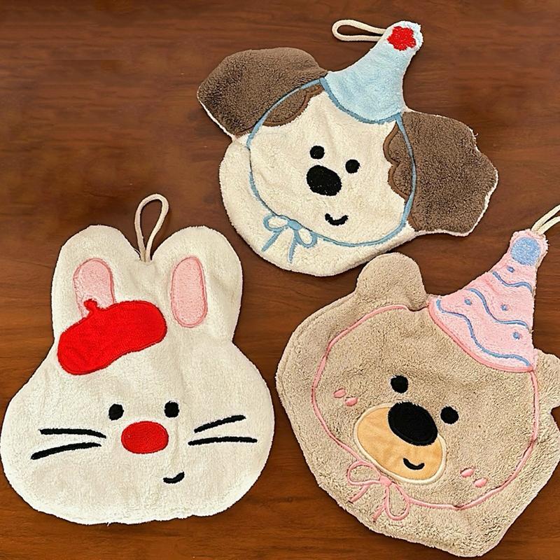 Cute Cartoon Animal Towel Hanging Kitchen Hand Wipe Thickened Handkerchief Rag Absorbent With Hanging Loop Bathroom Supplies