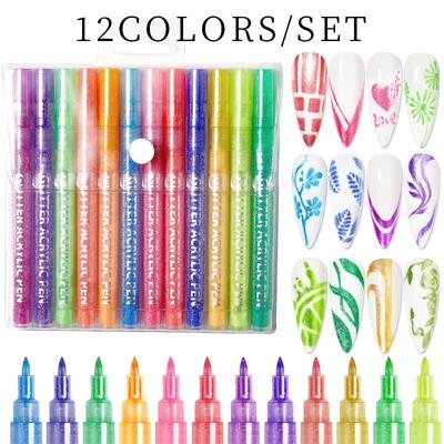 Water-Based Quick-Drying Manicure Paint Pen, Glitter Paint Flower Acrylic Marker 12-Color Set