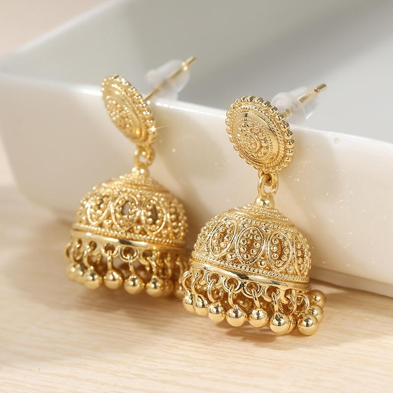 Pair of Vintage Brass Golden-Plated Earrings, Handmade Bohemian Style Bell and Bead Pendant Earrings for Daily Wear and Parties, Christmas Accessory|B