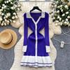 French retro contrasting color polo collar long-sleeved single-breasted slim-fit dress women's waist temperament ruffle edge sweater skirt