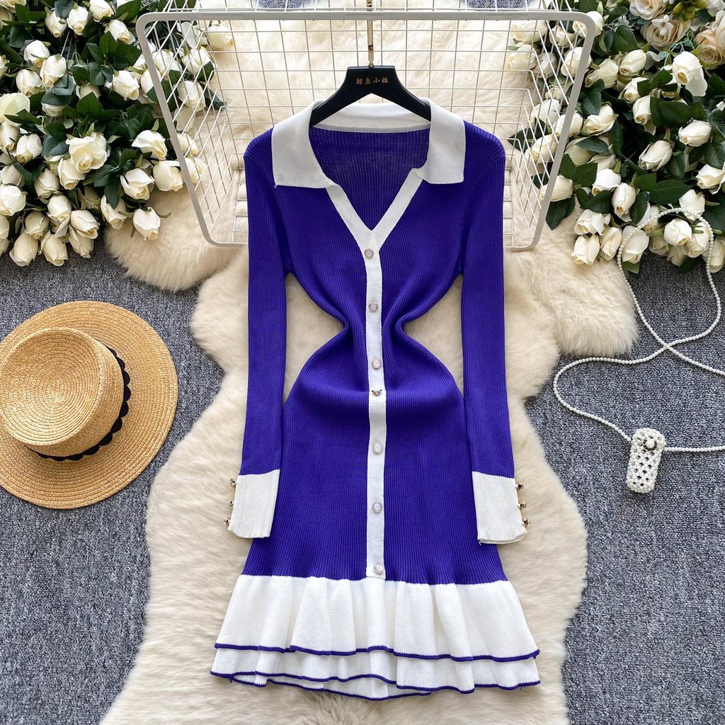 French retro contrasting color polo collar long-sleeved single-breasted slim-fit dress women's waist temperament ruffle edge sweater skirt