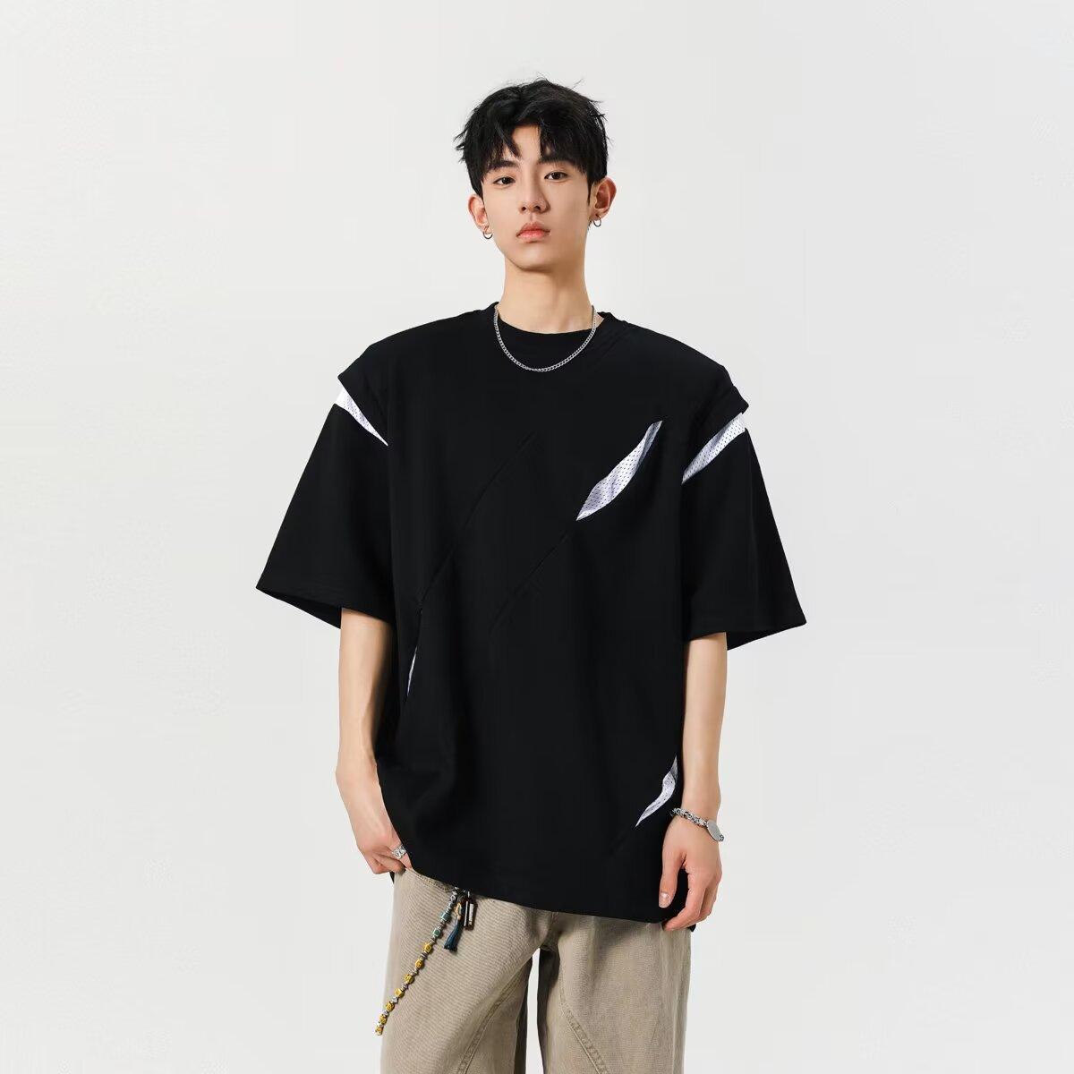 

Мужская летняя футболка с короткими рукавами и подплечниками в американском стиле хай-стрит, с тяжелым дизайном и нишевым кроем XXL