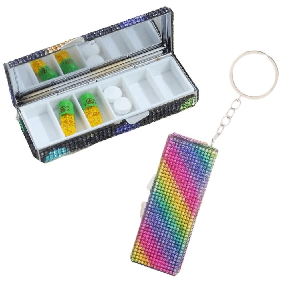 Shiny Rhinestone Mini Metal Pill Box Blingbling Keychain Medicine Storage Box Portable Waterproof Travel Pill Organizer