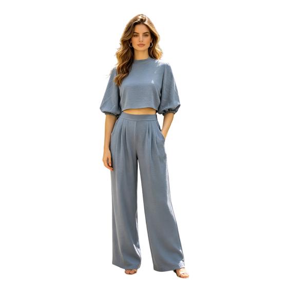 

Women s 2 Piece Outfits Mock Neck Puff Sleeve Crop Top And High Waist Wide Leg Pants Lounge Matching Set with Pockets S королевский синий