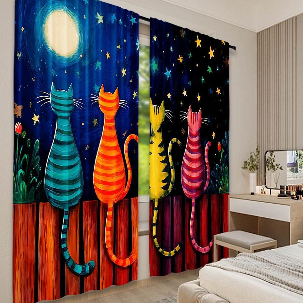 Flat Printing Window Drapes Colorful Cats Under Moon Digital Printed Polyester Holiday Decorations Use Indoor Curtains Set Of 2 Made