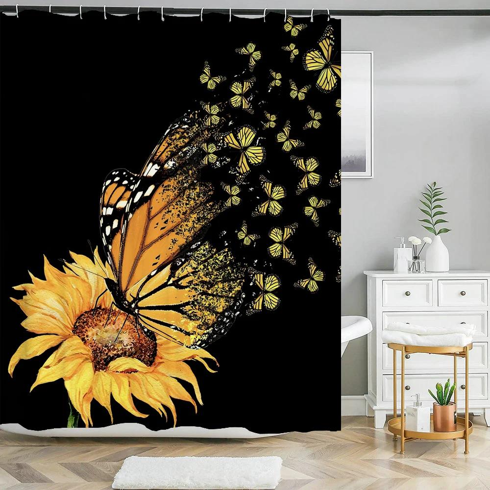 Plant Sunflower Butterfly Flowers Shower Curtain Print Modern Nordic Minimalist Polyster Home Decor Bathroom Curtain with Hooks