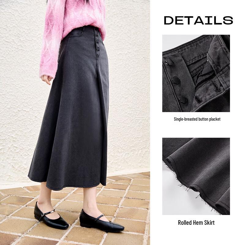 Xiangying Women's Retro Grey Denim A-Line Midi Skirt