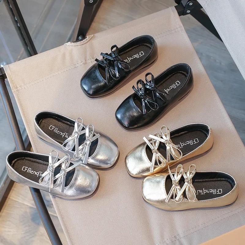

Kids Dance Performance Shoes Square Black Solid Color Girls Princess Shoe with Double Bow 2024 New Girls Leather Shoes Soft Sole 23