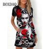 Elegantes Damen-Mode-Midikleid mit kurzen Ärmeln und 3D-Druck, Übergröße, Strandbekleidung