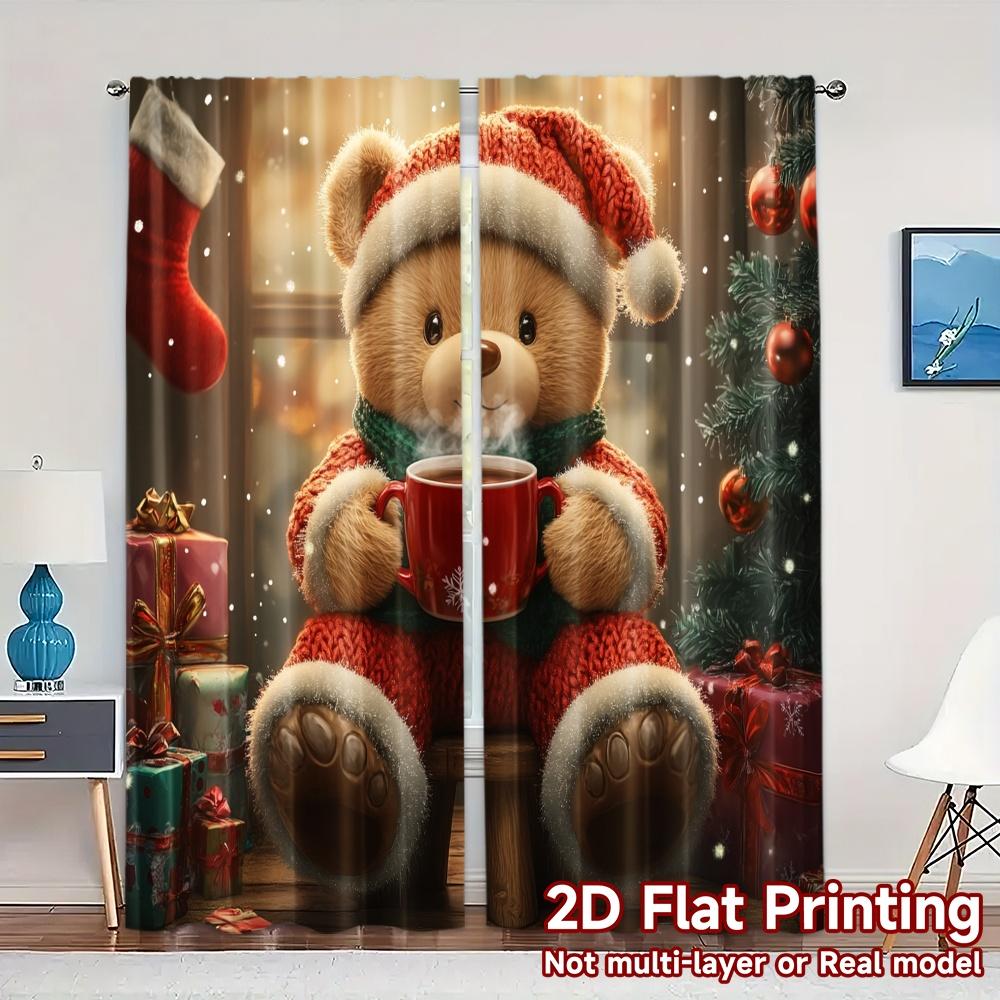 

2pcs,Curtains Christmas bear hot chocolate gift (2) Popular Curtains&Drapes Semi-Sheer Curtains Holiday Decorative for 52.50×116.00 CM 2pcs