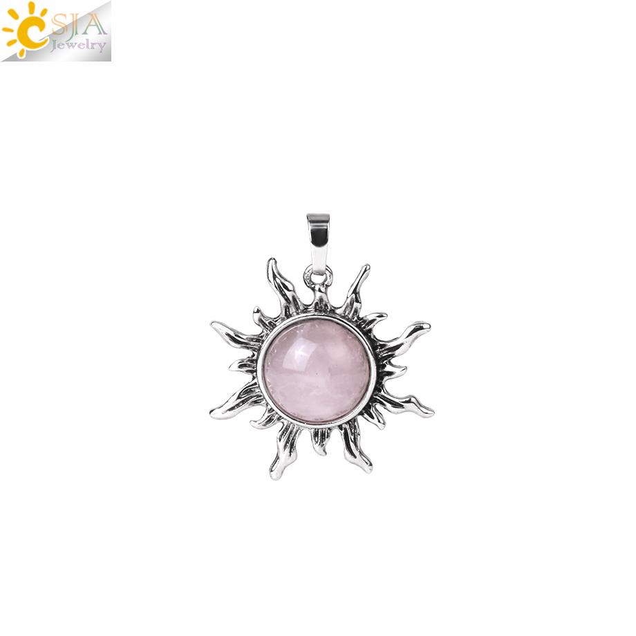 CSJA Vintage Sun Flower Pendant Natural Stone Crystal Necklace Genuine Round Amethysts Pink Quartz Obsidian Lapis Lazuli H120