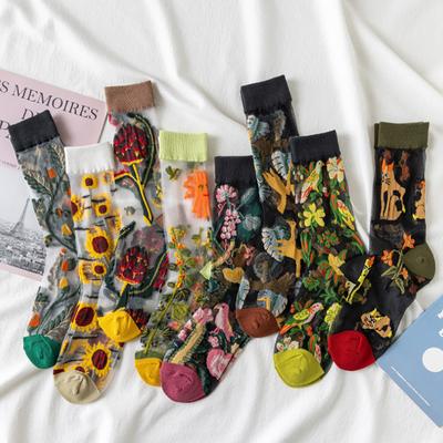 Women Mid Tube Socks Flowers Gauze Mid-calf Transparent Summer Fashion