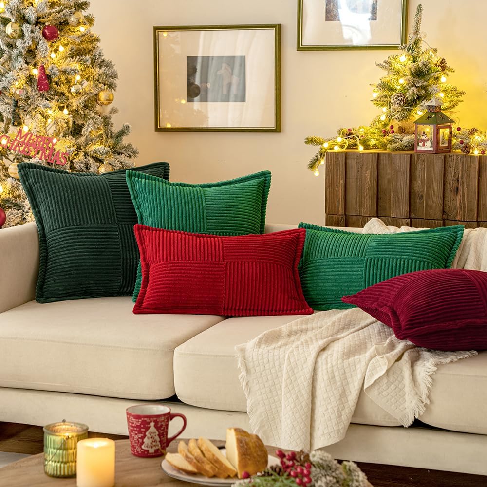 Weihnachts-Cord-Kissenbezüge Boho Dekorativ Rot 18×18 Zoll, Superweicher Kissenbezug Gemütliche Gestreifte Textur Kissenbezug