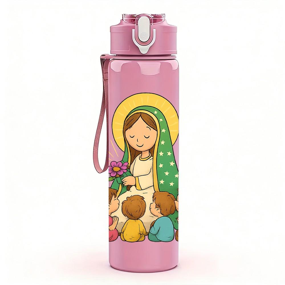 1PC Virgin Mary Kids Heart Frame 750ml Color Plastic Sports Water Bottle Leakproof Flip Straw Lid For Sports Office Home Use