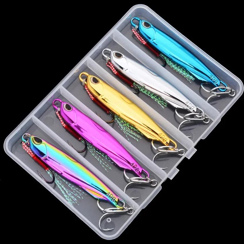 5PCS Metal Cast Jig Spoon 20/40/60g Shore Casting Jigging Fish Sea Bass Fishing Lure Artificial Bait Tackle Box