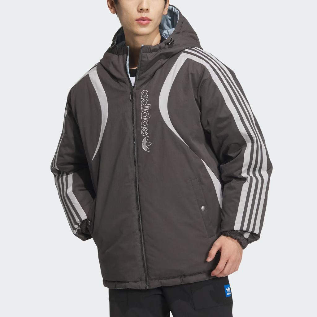 Adidas Originals FW24 Puff Down Jacket Series Warm Reversible Sports Loose Hooded Duck Down Cotton Coat Men Jackets Dark-Gray JD3751