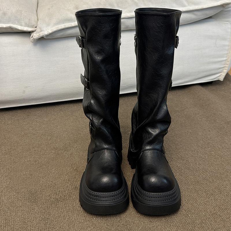 

Pants boots women s boots 2025 new autumn British style belt buckle thick sole height increase thin boots children 35 чёрный