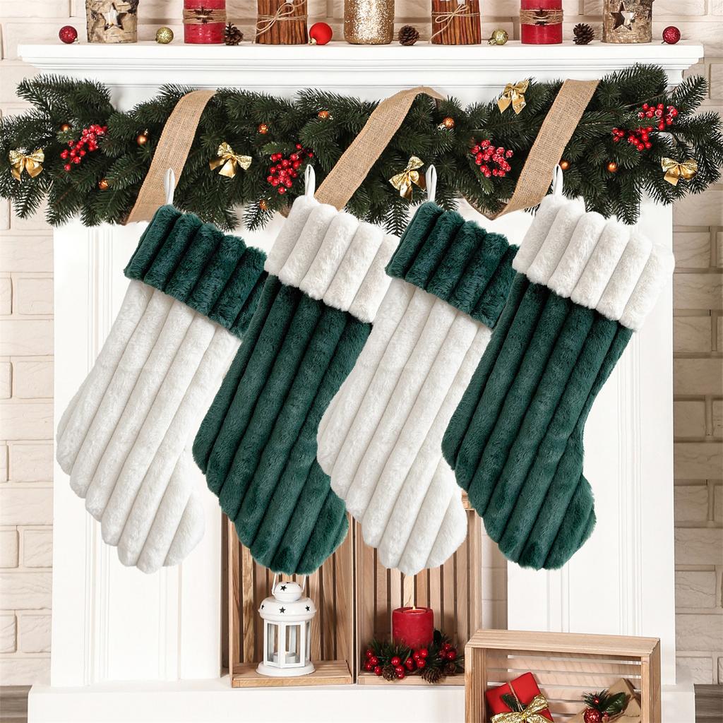 Plush Christmas Stocking Soft Faux Fur Vertical Channel Design Hanging Loop Holiday Decoration for Home Fireplace Mantel