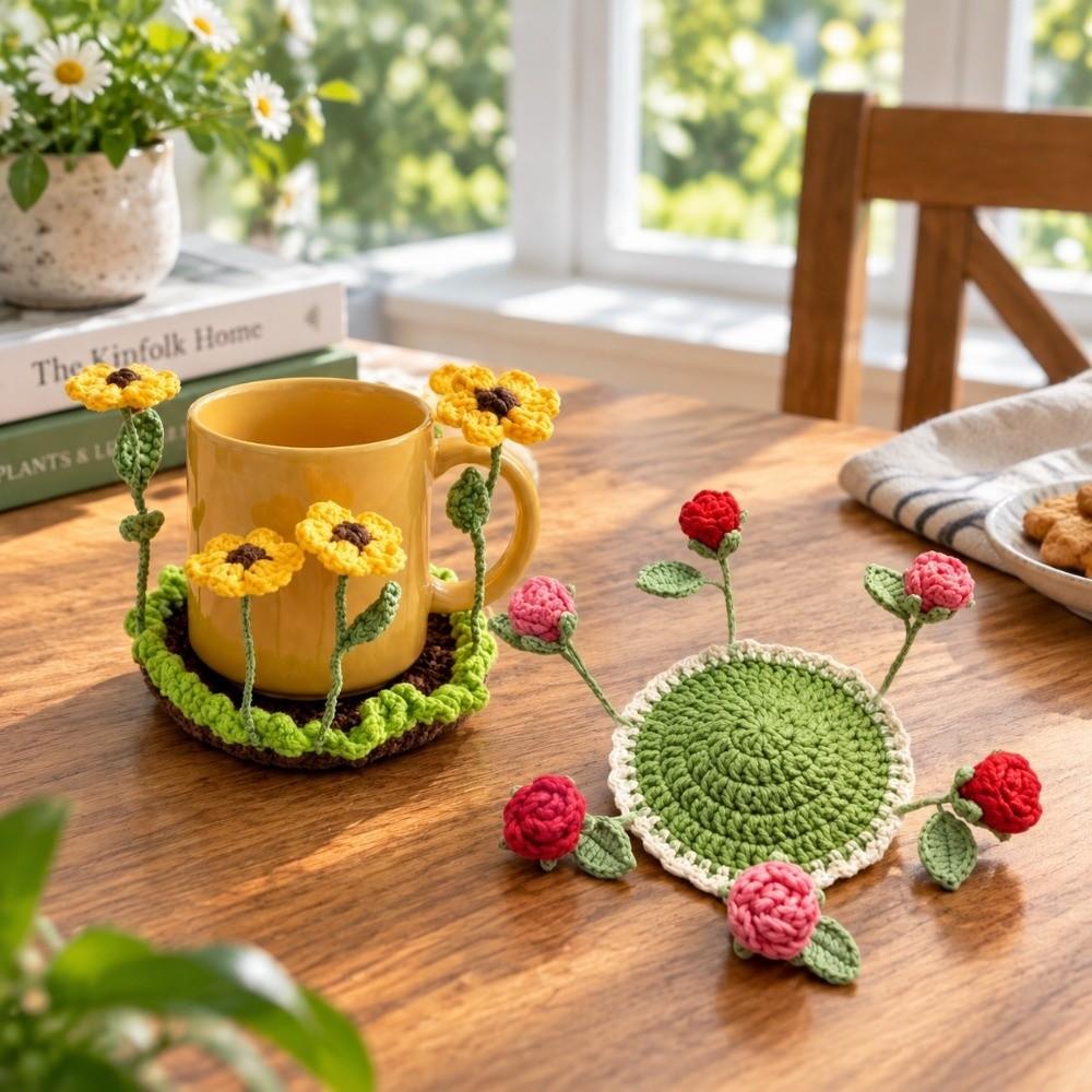 Practical Cotton Yarn 3D Floral Cup Mat Round Heat Resistant Flower Coaster Handmade Soft Crochet Coaster Coffee Table Decor
