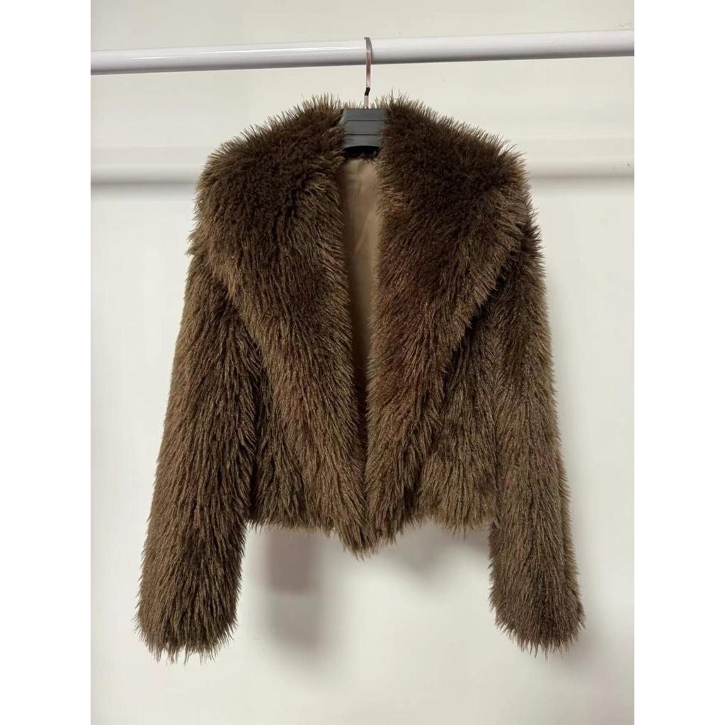 Women's Turn Down Collar Long Sleeve Faux Fur Coat Loose Elegant Short Winter Outerwear