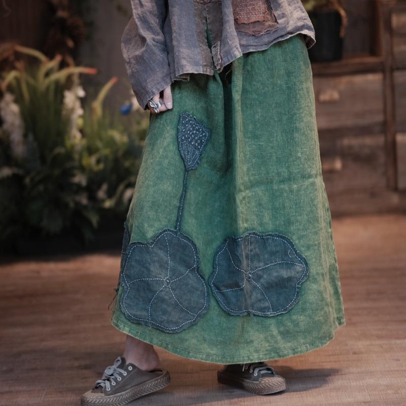 Johnature Vintage Women Patchwork Skirts Elastic Waist Green Autumn High Quality Female A-Line Skirts