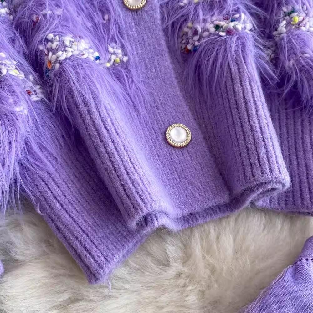 Autumn Winter Women Two Piece Set Small Fragrant V Neck Furry Knit Cardigan Sweater Coat And Sequined Cascading Mesh Long Skirt Suit