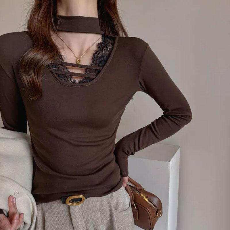 Stylish Lace Patchwork Slim Pullovers Autumn Winter Solid Color Female Clothing V-Neck Casual Long Sleeve Halter Basic T-shirts