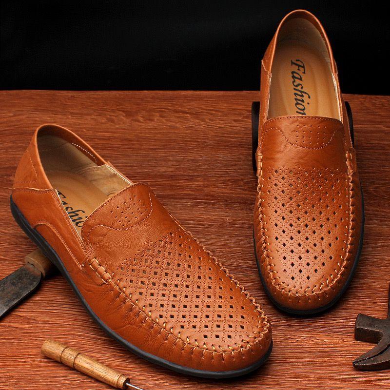 Echtes Leder Mokassins Männer weiche Unterseite Sommer atmungsaktive Hohl Loafer British Business Casual Lederschuhe Hand nähen