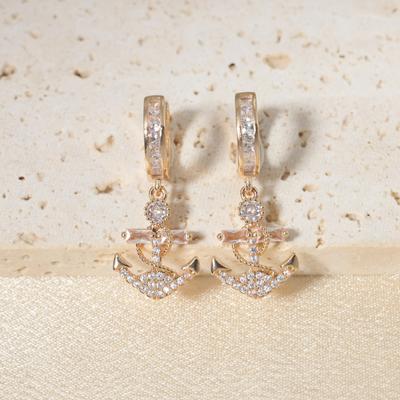 1 Pair Fashion Anchor Zirconia Dangle Earrings for Women Golden Earring Jewelry Party Accessories