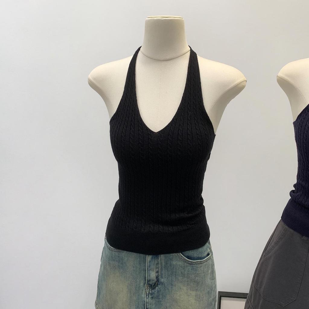 Pure Desire V-Neck Halter Knit Camisole - Slim Fit Open Back Summer Top for Women