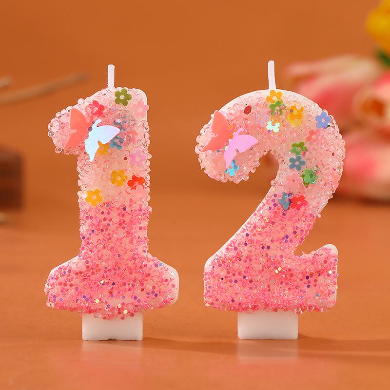 Romantische rosa Farbverlauf-Zahlenkerze mit Schmetterling und Blumen-Glitzer für Geburtstags-Kuchendekorationen