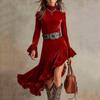 Women's Velvet Western Cowboy Dress With Retro Fake Collar, Long Sleeves And Ruffled Edges